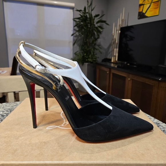 NEW Christian Louboutin Athina Black Suede and White Leather Heels 100mm Size 39 - Picture 5 of 11